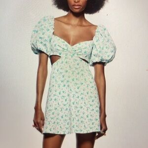 Zara Floral Puff Sleeve Dress - White and Green